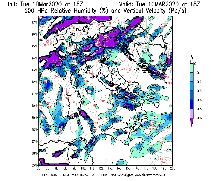 Mappa di analisi GFS - Umidità relativa [%] e Omega [Pa/s] a 500 hPa in Italia
									del 10/03/2020 18 <!--googleoff: index-->UTC<!--googleon: index-->