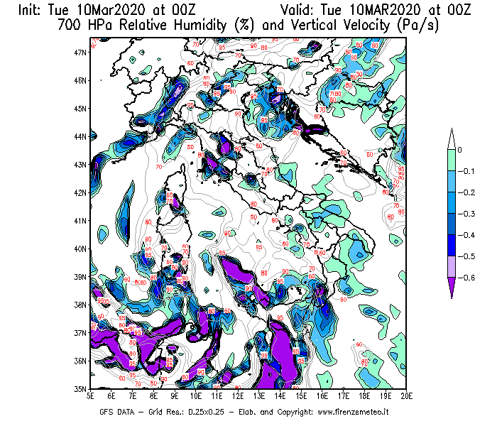 Mappa di analisi GFS - Umidità relativa [%] e Omega [Pa/s] a 700 hPa in Italia
									del 10/03/2020 00 <!--googleoff: index-->UTC<!--googleon: index-->