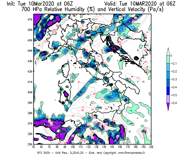 Mappa di analisi GFS - Umidità relativa [%] e Omega [Pa/s] a 700 hPa in Italia
									del 10/03/2020 06 <!--googleoff: index-->UTC<!--googleon: index-->