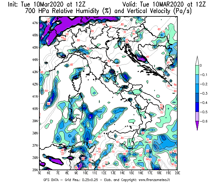 Mappa di analisi GFS - Umidità relativa [%] e Omega [Pa/s] a 700 hPa in Italia
									del 10/03/2020 12 <!--googleoff: index-->UTC<!--googleon: index-->