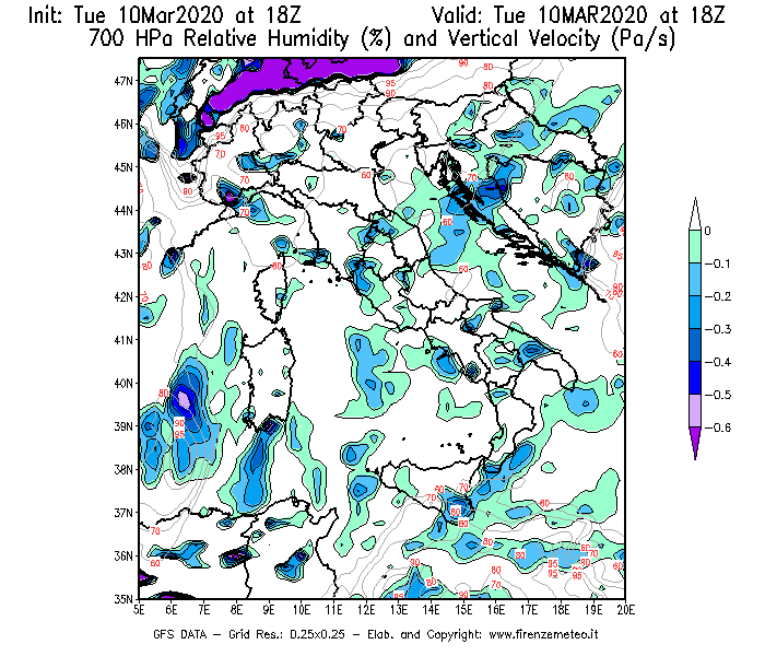 Mappa di analisi GFS - Umidità relativa [%] e Omega [Pa/s] a 700 hPa in Italia
									del 10/03/2020 18 <!--googleoff: index-->UTC<!--googleon: index-->