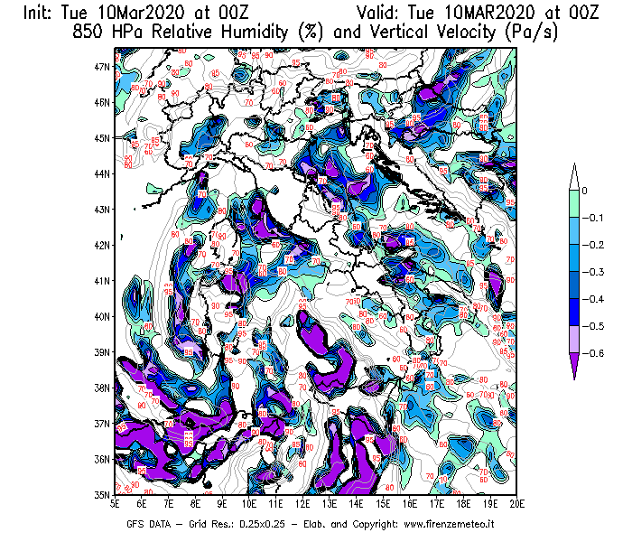 Mappa di analisi GFS - Umidità relativa [%] e Omega [Pa/s] a 850 hPa in Italia
									del 10/03/2020 00 <!--googleoff: index-->UTC<!--googleon: index-->