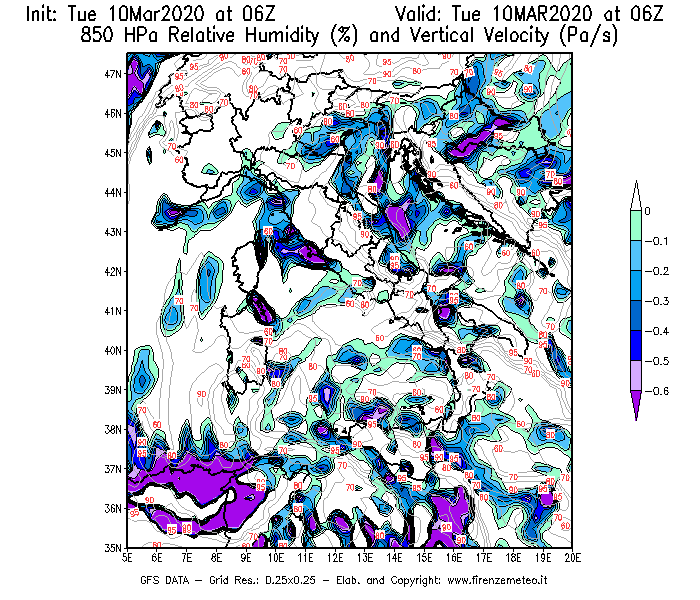 Mappa di analisi GFS - Umidità relativa [%] e Omega [Pa/s] a 850 hPa in Italia
									del 10/03/2020 06 <!--googleoff: index-->UTC<!--googleon: index-->