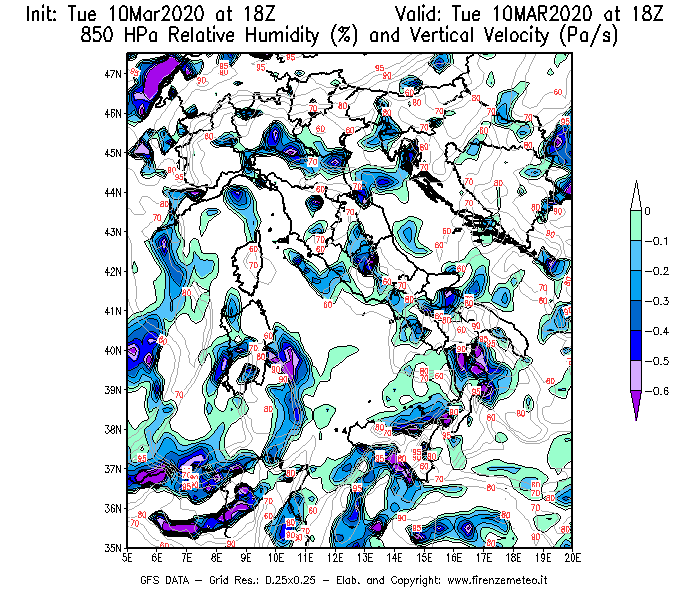 Mappa di analisi GFS - Umidità relativa [%] e Omega [Pa/s] a 850 hPa in Italia
									del 10/03/2020 18 <!--googleoff: index-->UTC<!--googleon: index-->