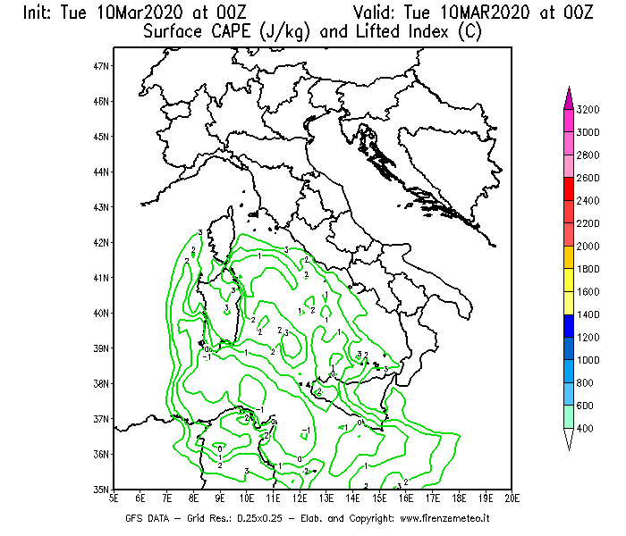 Mappa di analisi GFS - CAPE [J/kg] e Lifted Index [°C] in Italia
									del 10/03/2020 00 <!--googleoff: index-->UTC<!--googleon: index-->