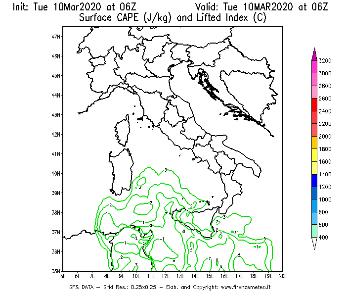 Mappa di analisi GFS - CAPE [J/kg] e Lifted Index [°C] in Italia
									del 10/03/2020 06 <!--googleoff: index-->UTC<!--googleon: index-->