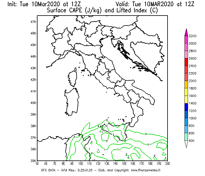 Mappa di analisi GFS - CAPE [J/kg] e Lifted Index [°C] in Italia
									del 10/03/2020 12 <!--googleoff: index-->UTC<!--googleon: index-->