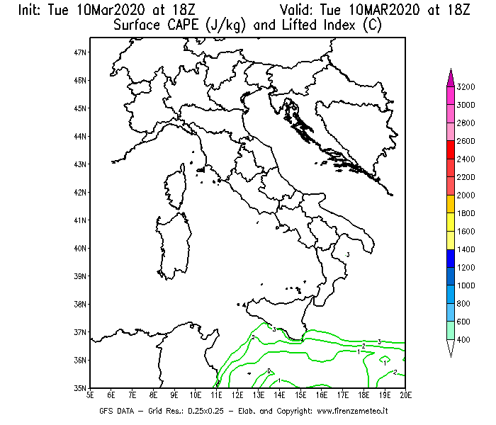 Mappa di analisi GFS - CAPE [J/kg] e Lifted Index [°C] in Italia
									del 10/03/2020 18 <!--googleoff: index-->UTC<!--googleon: index-->