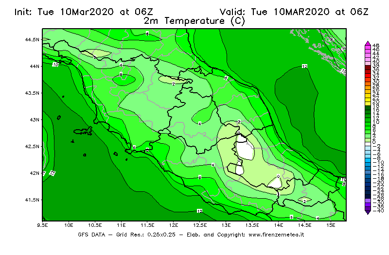 Mappa di analisi GFS - Temperatura a 2 metri dal suolo [°C] in Centro-Italia
									del 10/03/2020 06 <!--googleoff: index-->UTC<!--googleon: index-->