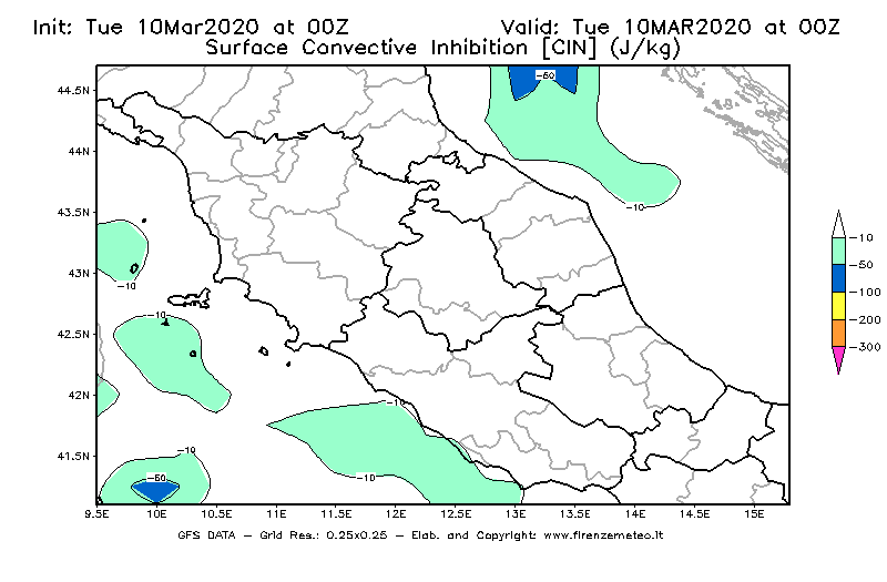 Mappa di analisi GFS - CIN [J/kg] in Centro-Italia
									del 10/03/2020 00 <!--googleoff: index-->UTC<!--googleon: index-->