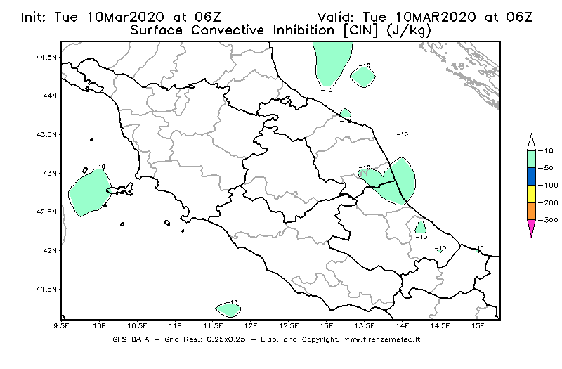 Mappa di analisi GFS - CIN [J/kg] in Centro-Italia
									del 10/03/2020 06 <!--googleoff: index-->UTC<!--googleon: index-->
