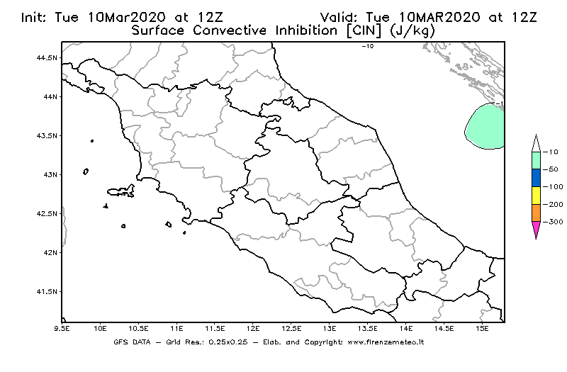 Mappa di analisi GFS - CIN [J/kg] in Centro-Italia
									del 10/03/2020 12 <!--googleoff: index-->UTC<!--googleon: index-->