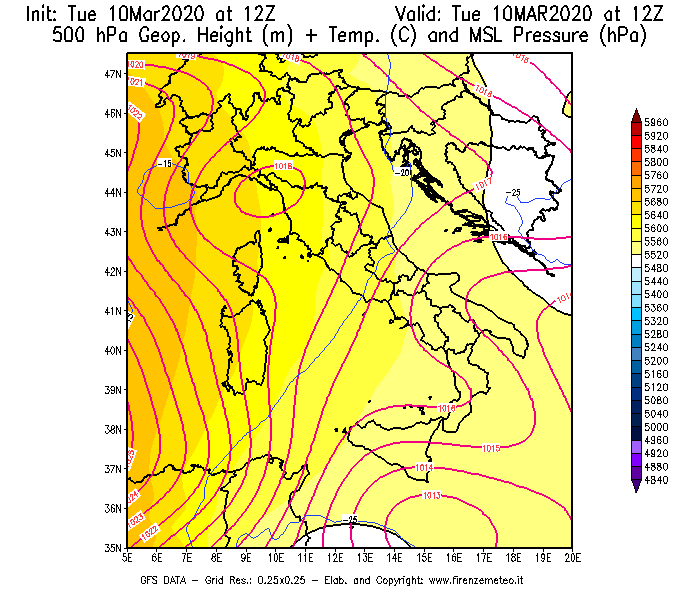 Mappa di analisi GFS - Geopotenziale [m] + Temp. [°C] a 500 hPa + Press. a livello del mare [hPa] in Italia
									del 10/03/2020 12 <!--googleoff: index-->UTC<!--googleon: index-->