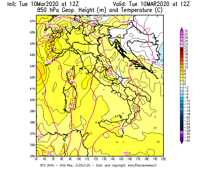 Mappa di analisi GFS - Geopotenziale [m] e Temperatura [°C] a 850 hPa in Italia
									del 10/03/2020 12 <!--googleoff: index-->UTC<!--googleon: index-->