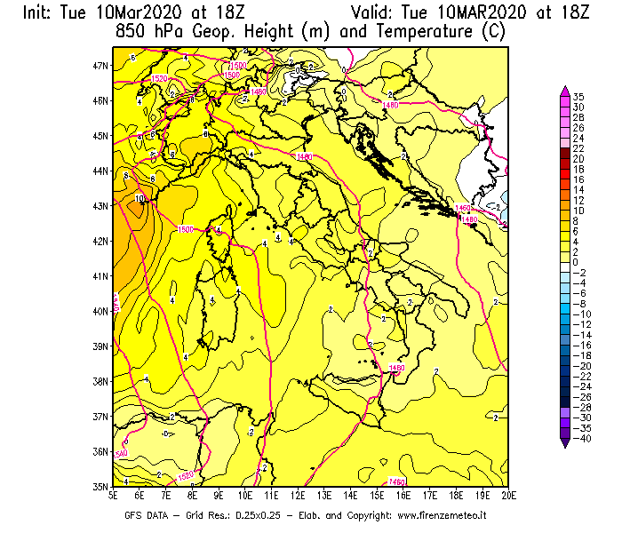 Mappa di analisi GFS - Geopotenziale [m] e Temperatura [°C] a 850 hPa in Italia
									del 10/03/2020 18 <!--googleoff: index-->UTC<!--googleon: index-->