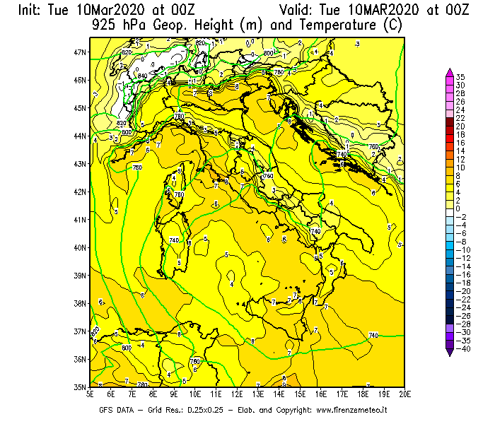 Mappa di analisi GFS - Geopotenziale [m] e Temperatura [°C] a 925 hPa in Italia
									del 10/03/2020 00 <!--googleoff: index-->UTC<!--googleon: index-->