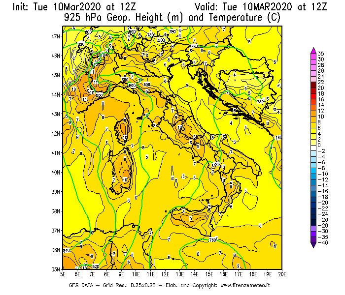 Mappa di analisi GFS - Geopotenziale [m] e Temperatura [°C] a 925 hPa in Italia
									del 10/03/2020 12 <!--googleoff: index-->UTC<!--googleon: index-->
