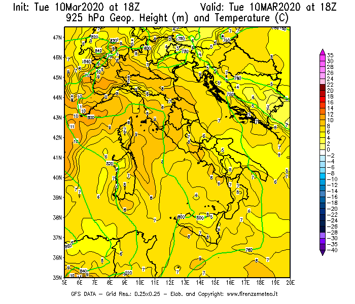 Mappa di analisi GFS - Geopotenziale [m] e Temperatura [°C] a 925 hPa in Italia
									del 10/03/2020 18 <!--googleoff: index-->UTC<!--googleon: index-->
