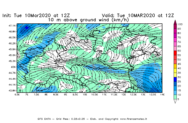 Mappa di analisi GFS - Velocità del vento a 10 metri dal suolo [km/h] in Nord-Italia
									del 10/03/2020 12 <!--googleoff: index-->UTC<!--googleon: index-->