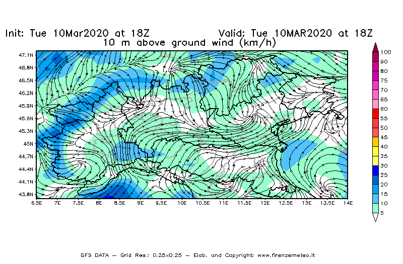 Mappa di analisi GFS - Velocità del vento a 10 metri dal suolo [km/h] in Nord-Italia
									del 10/03/2020 18 <!--googleoff: index-->UTC<!--googleon: index-->