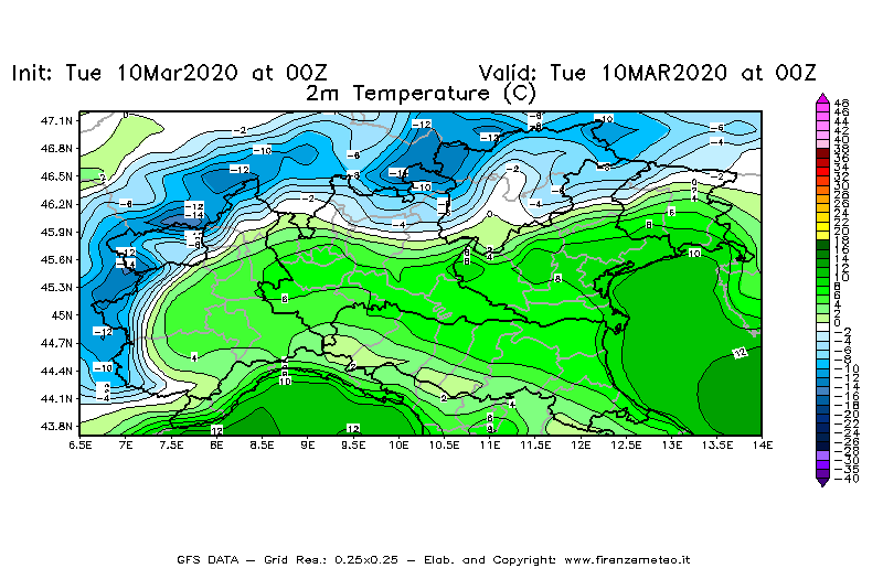 Mappa di analisi GFS - Temperatura a 2 metri dal suolo [°C] in Nord-Italia
									del 10/03/2020 00 <!--googleoff: index-->UTC<!--googleon: index-->