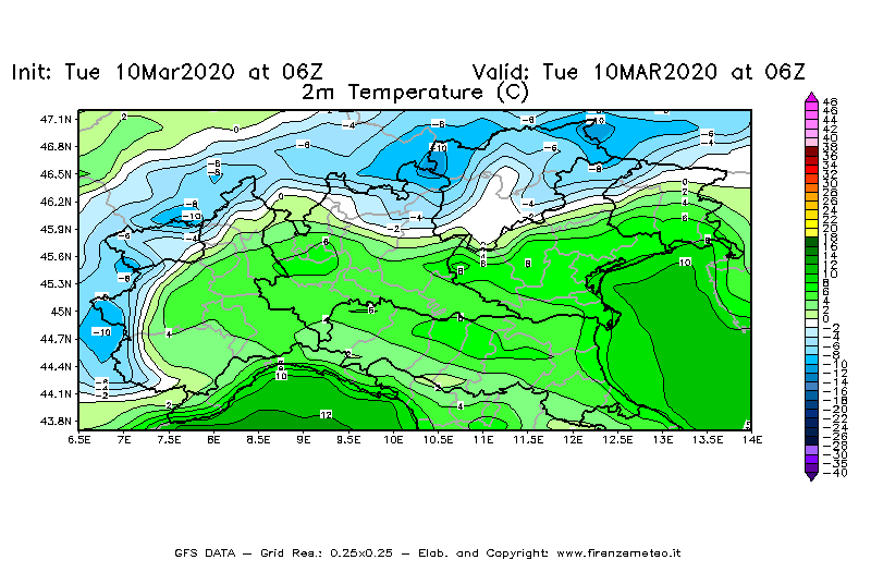 Mappa di analisi GFS - Temperatura a 2 metri dal suolo [°C] in Nord-Italia
									del 10/03/2020 06 <!--googleoff: index-->UTC<!--googleon: index-->