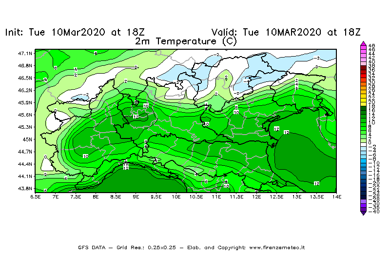 Mappa di analisi GFS - Temperatura a 2 metri dal suolo [°C] in Nord-Italia
									del 10/03/2020 18 <!--googleoff: index-->UTC<!--googleon: index-->