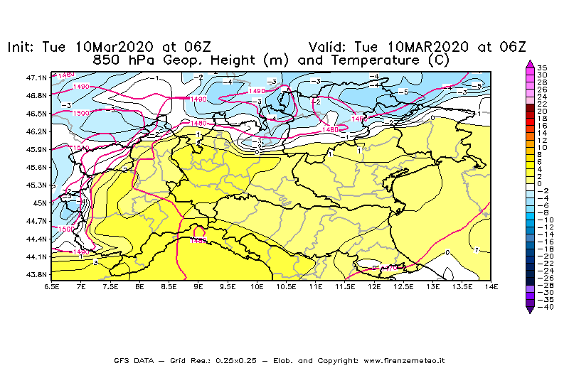 Mappa di analisi GFS - Geopotenziale [m] e Temperatura [°C] a 850 hPa in Nord-Italia
									del 10/03/2020 06 <!--googleoff: index-->UTC<!--googleon: index-->