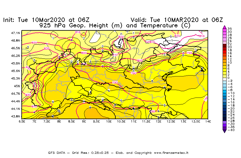 Mappa di analisi GFS - Geopotenziale [m] e Temperatura [°C] a 925 hPa in Nord-Italia
									del 10/03/2020 06 <!--googleoff: index-->UTC<!--googleon: index-->