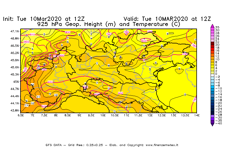 Mappa di analisi GFS - Geopotenziale [m] e Temperatura [°C] a 925 hPa in Nord-Italia
									del 10/03/2020 12 <!--googleoff: index-->UTC<!--googleon: index-->