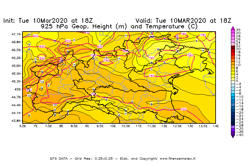 Mappa di analisi GFS - Geopotenziale [m] e Temperatura [°C] a 925 hPa in Nord-Italia
									del 10/03/2020 18 <!--googleoff: index-->UTC<!--googleon: index-->
