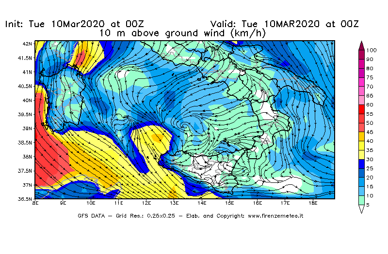 Mappa di analisi GFS - Velocità del vento a 10 metri dal suolo [km/h] in Sud-Italia
									del 10/03/2020 00 <!--googleoff: index-->UTC<!--googleon: index-->