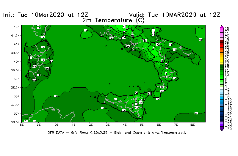 Mappa di analisi GFS - Temperatura a 2 metri dal suolo [°C] in Sud-Italia
									del 10/03/2020 12 <!--googleoff: index-->UTC<!--googleon: index-->