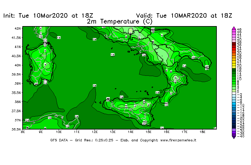 Mappa di analisi GFS - Temperatura a 2 metri dal suolo [°C] in Sud-Italia
									del 10/03/2020 18 <!--googleoff: index-->UTC<!--googleon: index-->