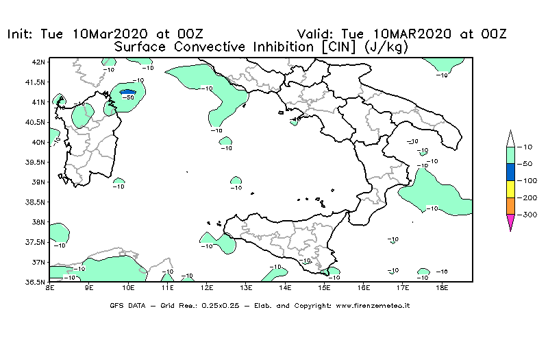 Mappa di analisi GFS - CIN [J/kg] in Sud-Italia
									del 10/03/2020 00 <!--googleoff: index-->UTC<!--googleon: index-->