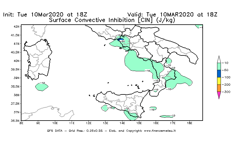 Mappa di analisi GFS - CIN [J/kg] in Sud-Italia
									del 10/03/2020 18 <!--googleoff: index-->UTC<!--googleon: index-->