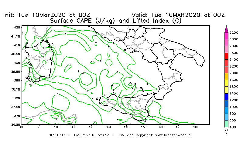 Mappa di analisi GFS - CAPE [J/kg] e Lifted Index [°C] in Sud-Italia
									del 10/03/2020 00 <!--googleoff: index-->UTC<!--googleon: index-->