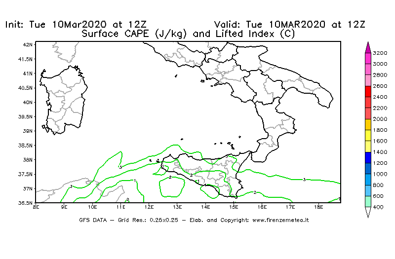 Mappa di analisi GFS - CAPE [J/kg] e Lifted Index [°C] in Sud-Italia
									del 10/03/2020 12 <!--googleoff: index-->UTC<!--googleon: index-->
