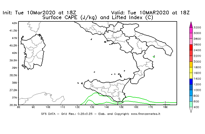 Mappa di analisi GFS - CAPE [J/kg] e Lifted Index [°C] in Sud-Italia
									del 10/03/2020 18 <!--googleoff: index-->UTC<!--googleon: index-->