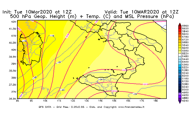 Mappa di analisi GFS - Geopotenziale [m] + Temp. [°C] a 500 hPa + Press. a livello del mare [hPa] in Sud-Italia
									del 10/03/2020 12 <!--googleoff: index-->UTC<!--googleon: index-->