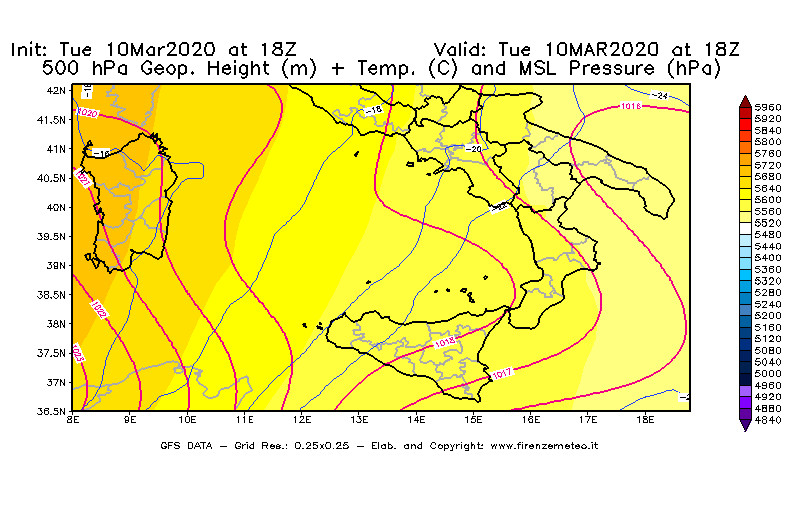 Mappa di analisi GFS - Geopotenziale [m] + Temp. [°C] a 500 hPa + Press. a livello del mare [hPa] in Sud-Italia
									del 10/03/2020 18 <!--googleoff: index-->UTC<!--googleon: index-->