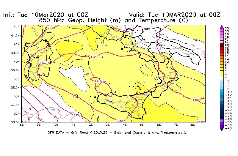 Mappa di analisi GFS - Geopotenziale [m] e Temperatura [°C] a 850 hPa in Sud-Italia
									del 10/03/2020 00 <!--googleoff: index-->UTC<!--googleon: index-->