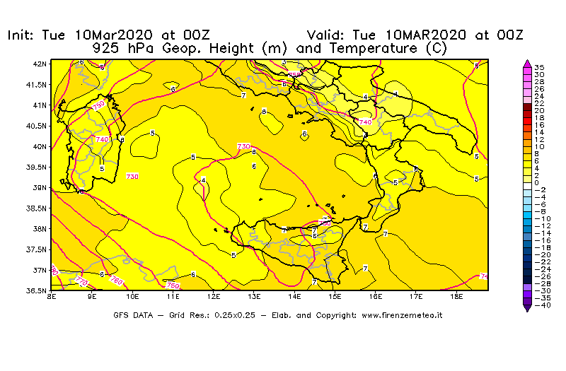 Mappa di analisi GFS - Geopotenziale [m] e Temperatura [°C] a 925 hPa in Sud-Italia
									del 10/03/2020 00 <!--googleoff: index-->UTC<!--googleon: index-->