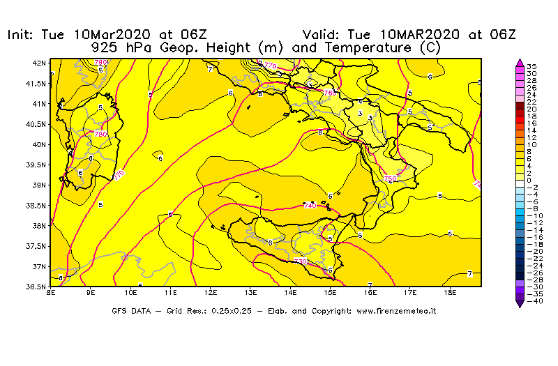 Mappa di analisi GFS - Geopotenziale [m] e Temperatura [°C] a 925 hPa in Sud-Italia
									del 10/03/2020 06 <!--googleoff: index-->UTC<!--googleon: index-->