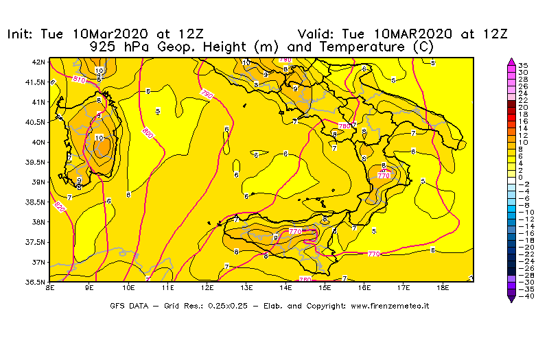 Mappa di analisi GFS - Geopotenziale [m] e Temperatura [°C] a 925 hPa in Sud-Italia
									del 10/03/2020 12 <!--googleoff: index-->UTC<!--googleon: index-->
