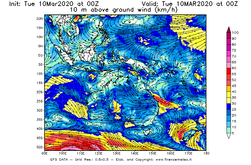 Mappa di analisi GFS - Velocità del vento a 10 metri dal suolo [km/h] in Oceania
									del 10/03/2020 00 <!--googleoff: index-->UTC<!--googleon: index-->