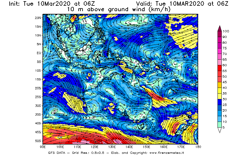 Mappa di analisi GFS - Velocità del vento a 10 metri dal suolo [km/h] in Oceania
									del 10/03/2020 06 <!--googleoff: index-->UTC<!--googleon: index-->
