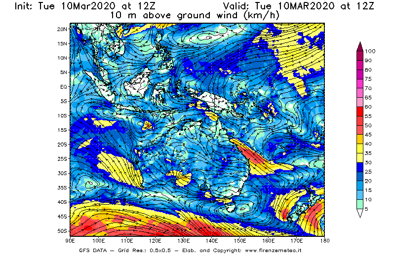 Mappa di analisi GFS - Velocità del vento a 10 metri dal suolo [km/h] in Oceania
									del 10/03/2020 12 <!--googleoff: index-->UTC<!--googleon: index-->