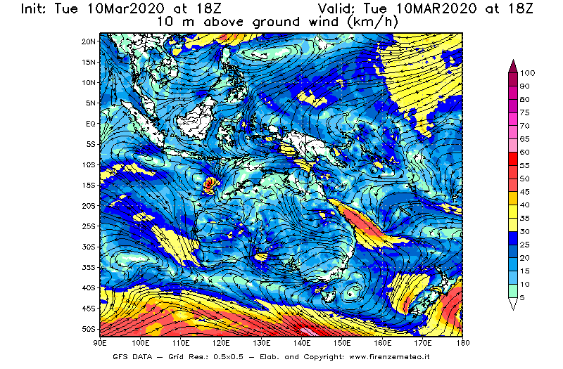 Mappa di analisi GFS - Velocità del vento a 10 metri dal suolo [km/h] in Oceania
									del 10/03/2020 18 <!--googleoff: index-->UTC<!--googleon: index-->