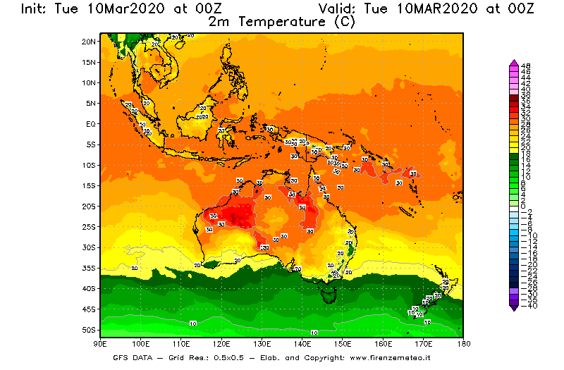Mappa di analisi GFS - Temperatura a 2 metri dal suolo [°C] in Oceania
									del 10/03/2020 00 <!--googleoff: index-->UTC<!--googleon: index-->